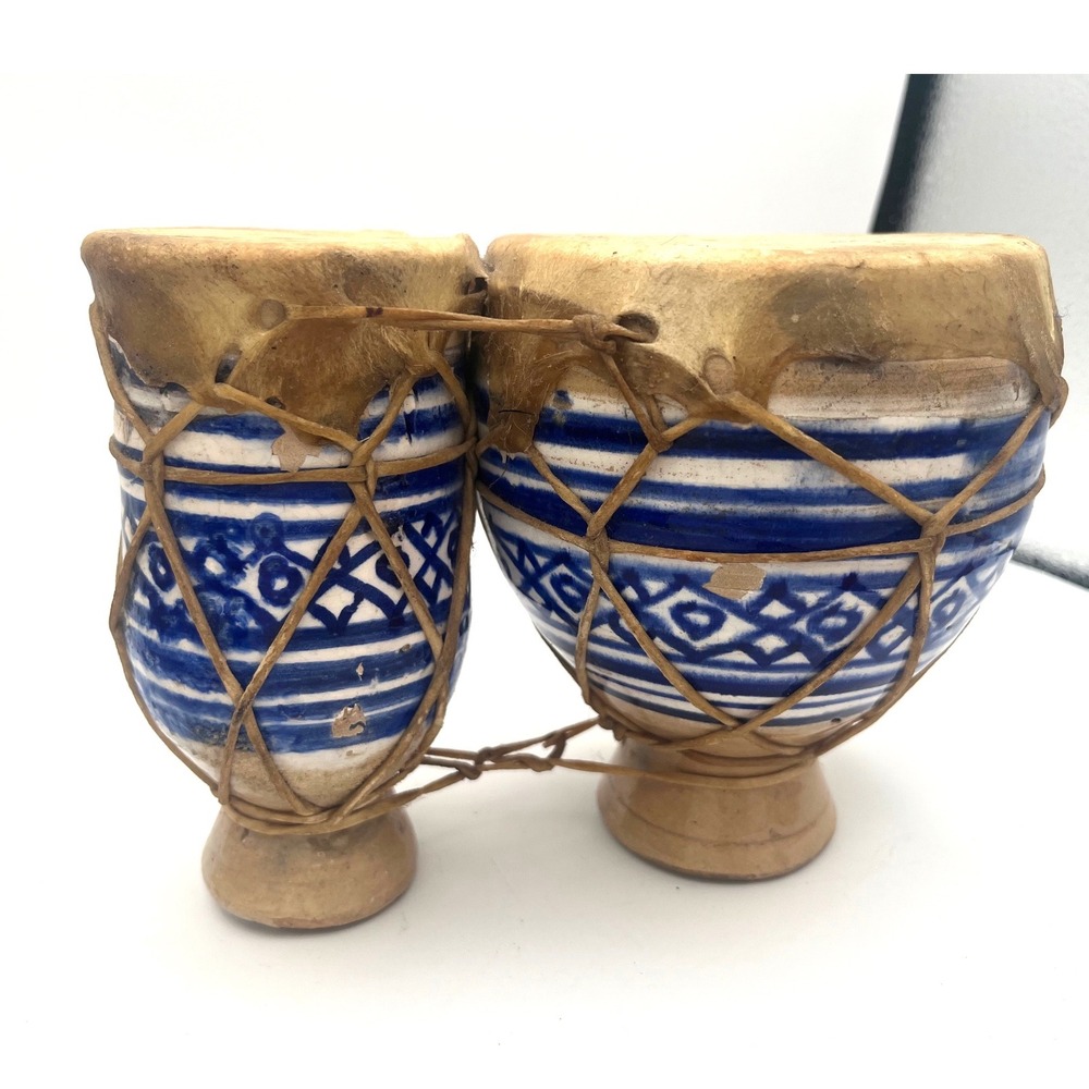 Vintage Moroccan Ceramic Bongo Drums Blue White Hand Painted Rawhide Folk Art